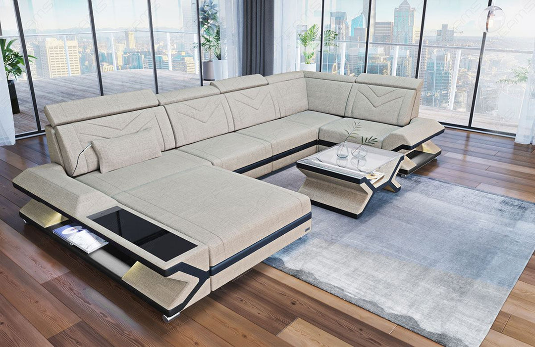 Mini U Form Stoffsofa Napoli -Sofa mit LED und USB in elfenbein - Hugo1 Strukturstoff