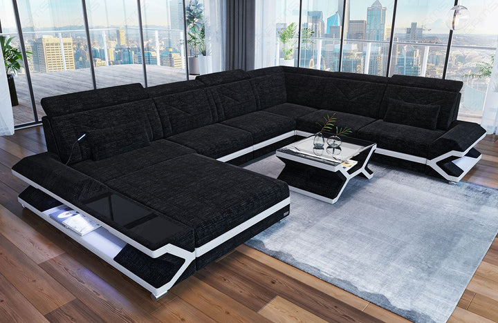 XXL Stoffsofa Napoli U Form Mini Sofa mit LED in schwarz - Hugo14 Strukturstoff