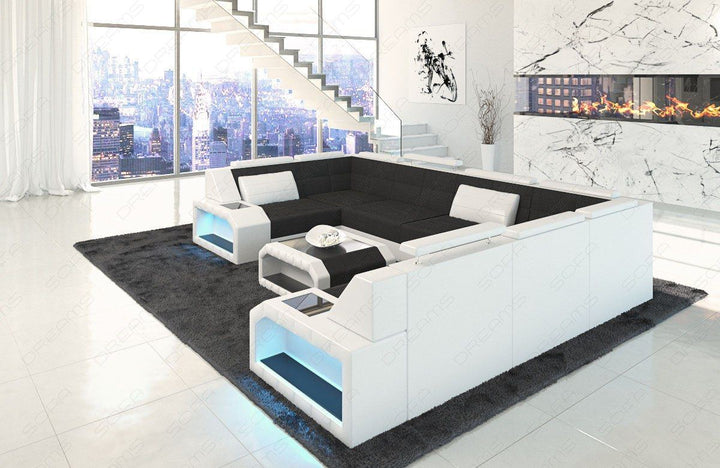 U Form Sofa Pesaro Mini mit LED, USB und Stoffbezug in schwarz - Hugo14 Strukturstoff