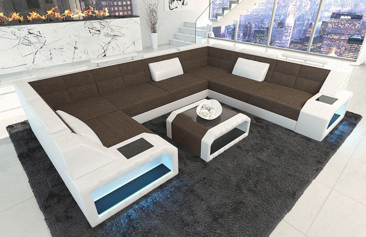 U Form Sofa Pesaro Mini mit LED, USB und Stoffbezug in braun - Hugo8 Strukturstoff