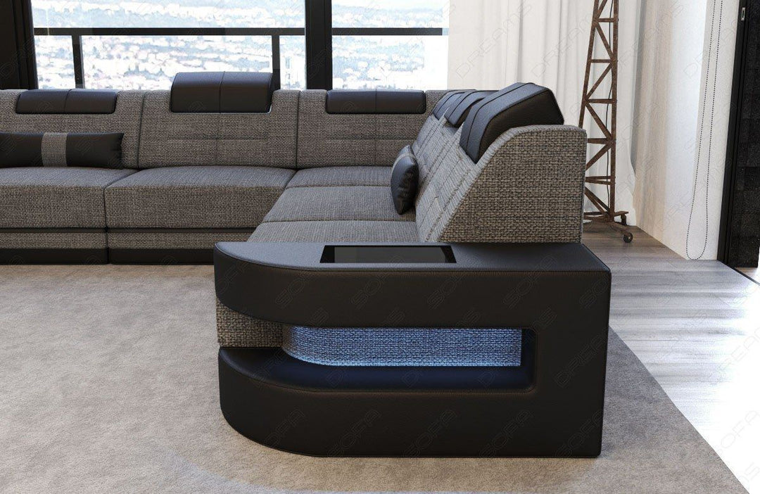 Webstoff Wohnlandschaft Como U Form mit LED Beleuchtung in grau - Hugo5 Strukturstoff
