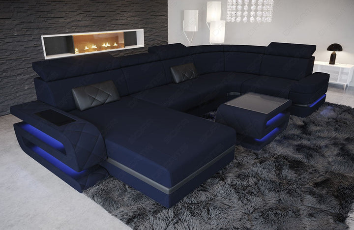 Mikrofaser Stoff Sofa Bologna U Form in dunkelblau - Mineva17