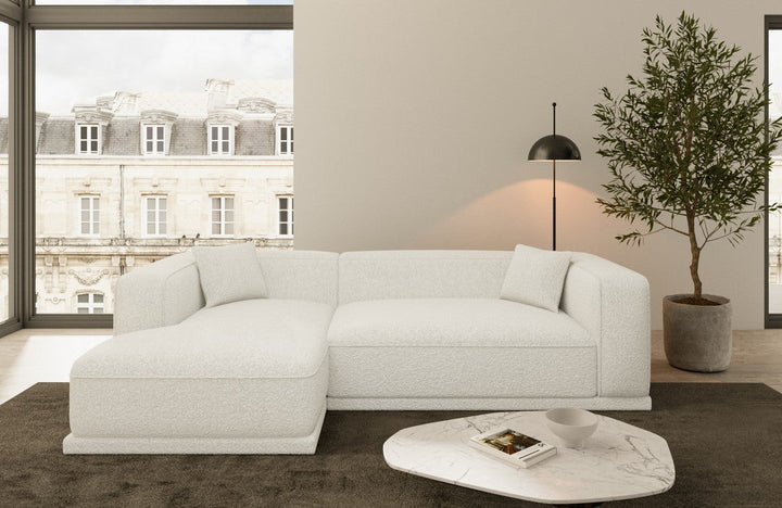 Elegante Eckcouch Merida L Form kurz mit Boucl??stoff Bezug - Weiss