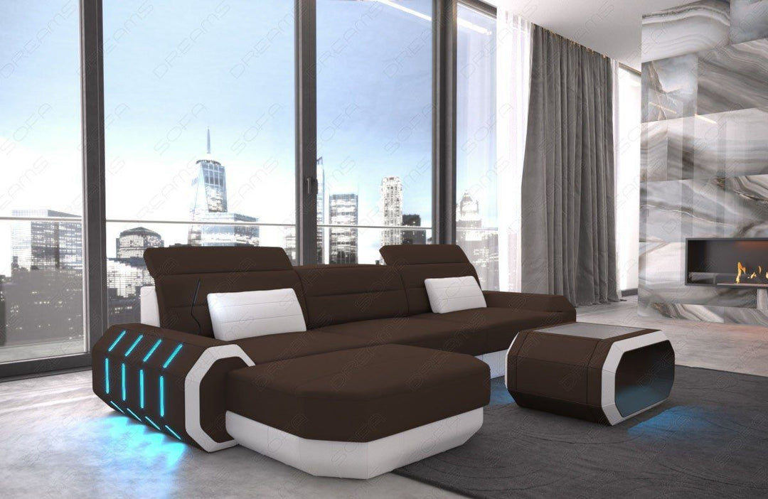 Stoffsofa Roma Mini L Form Sofa mit LED und USB Anschluss in dunkelbraun - Mineva7