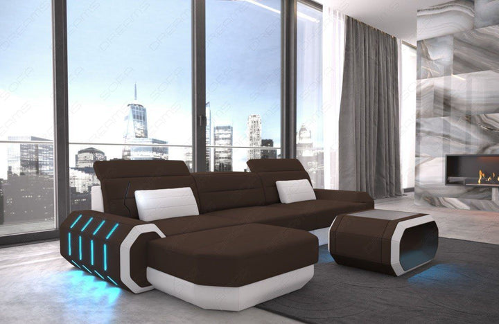 Stoffsofa Roma Mini L Form Sofa mit LED und USB Anschluss in dunkelbraun - Mineva7