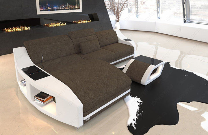 Mini Stoffsofa Swing als L Form Sofa mit USB Anschluss und LED in braun - Hugo8 Strukturstoff