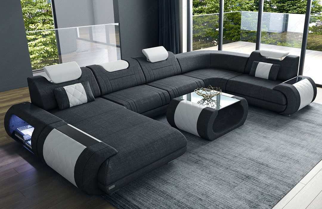 Design Stoff Wohnlandschaft Rimini U Form in schwarz-grau - Hugo12 Strukturstoff