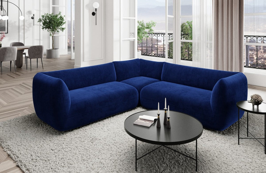 Design Stoff Eckcouch Madrid L Form mit Samtstoff Bezug - Dunkelblau