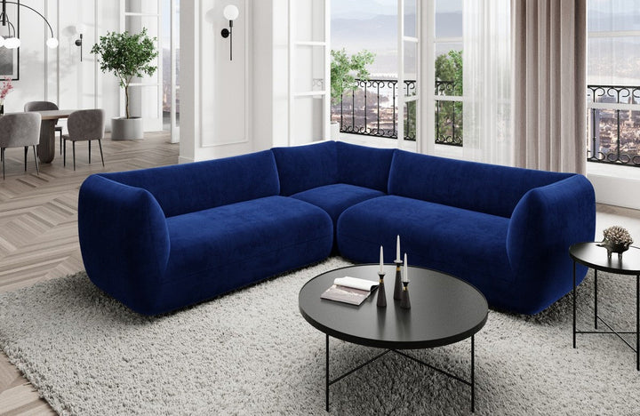 Design Stoff Eckcouch Madrid L Form mit Samtstoff Bezug - Dunkelblau