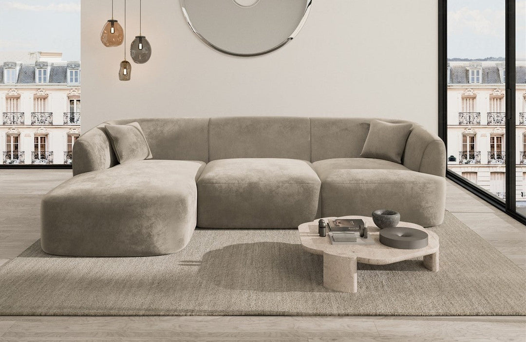 Polsterstoff Eck-Sofa Tabarca L Form kurz mit Samtstoff Bezug in Grau
