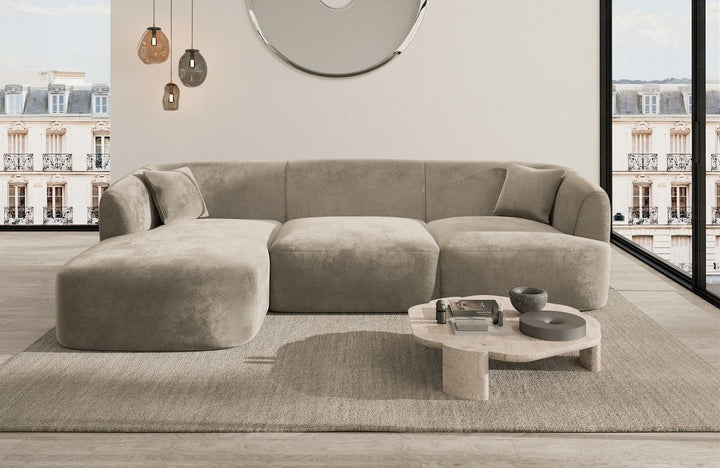 Polsterstoff Eck-Sofa Tabarca L Form kurz mit Samtstoff Bezug in Grau