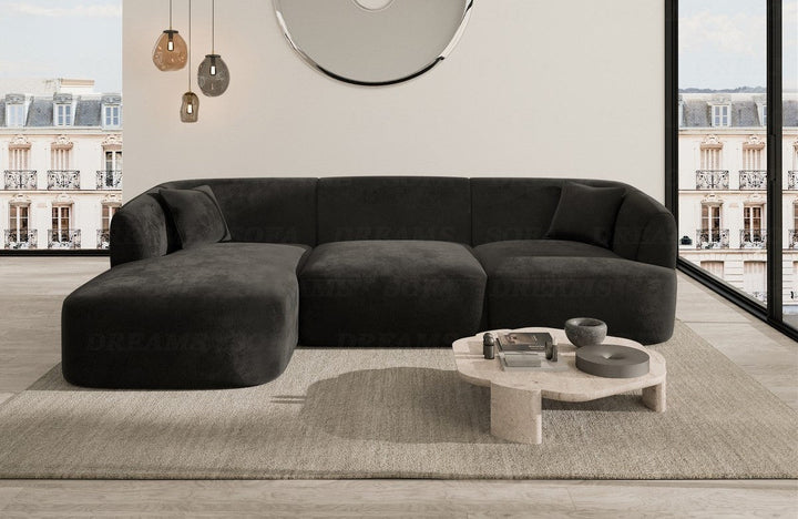Polsterstoff Eck-Sofa Tabarca L Form kurz mit Samtstoff Bezug in Schwarz