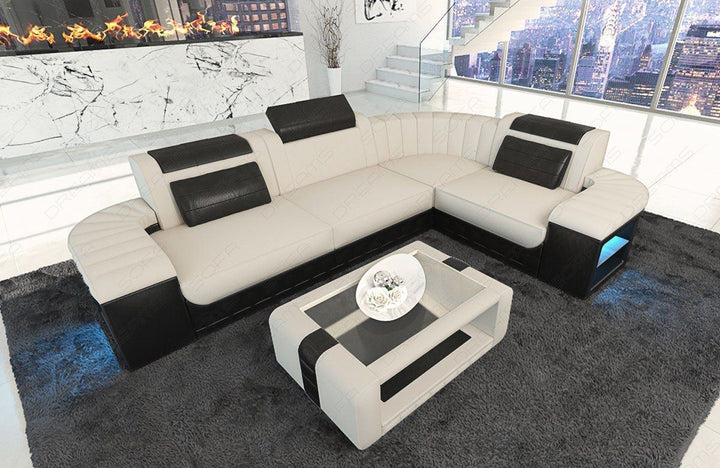 Stoff Ecksofa Bergamo L Form mit LED-Beleuchtung in elfenbein - Mineva1
