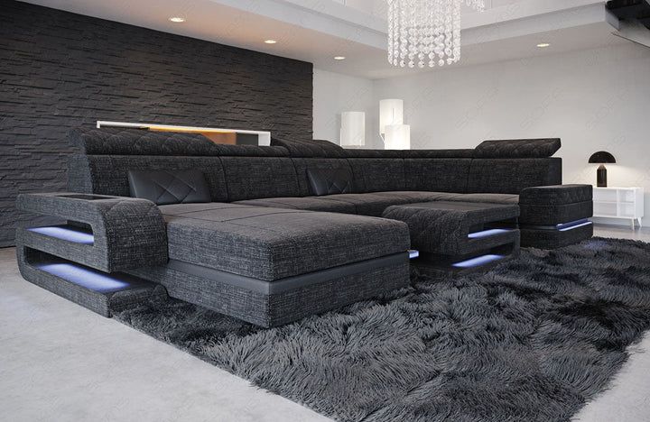 Mini Stoffsofa Bologna U Form in Strukturstoff schwarz-grau - Hugo12 Strukturstoff