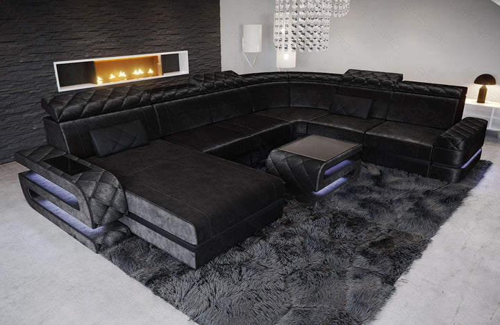 XXL Stoffsofa Bologna Mini U Form Sofa mit LED in schwarz  - SunVelvet1015 Akzentfarbe schwarz