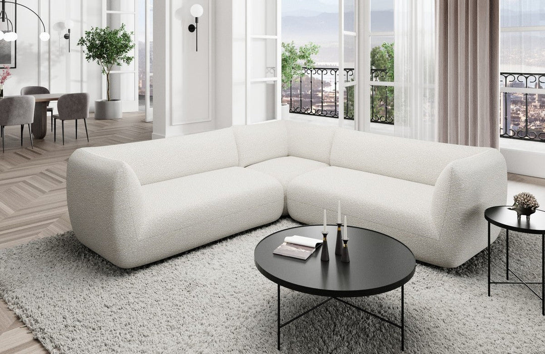Stoff Ecksofa Madrid L Form mit Boucl??stoff Bezug - Weiss