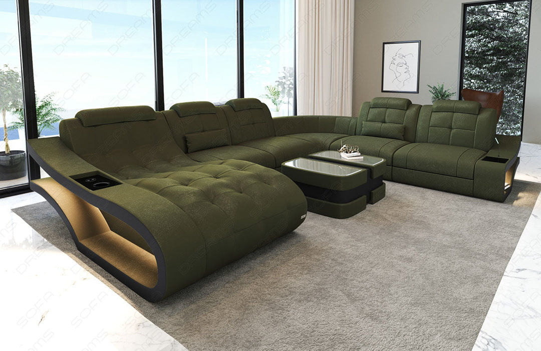 Moderne Stoff Wohnlandschaft Elegante XXL mit LED in Altara - Olive5A