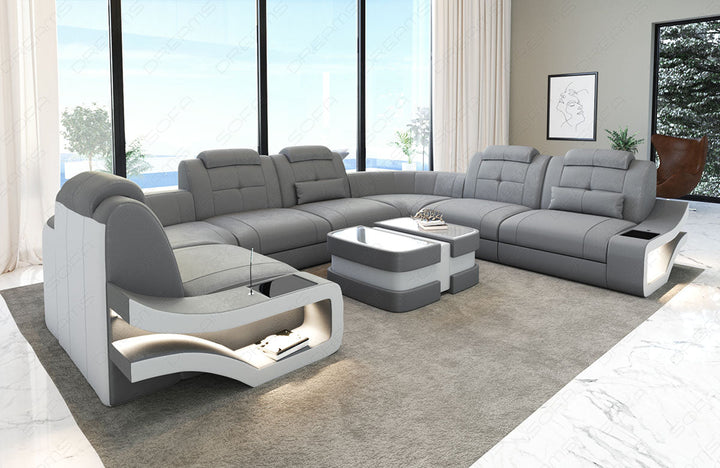 Moderne Wohnlandschaft Elena U Form in Silver6a - Altara Stoff - Nebenfarbe weiÃŸ - Bitte beachten: Die RÃ¼ckwand ist in den Farben der Hauptfarbe!