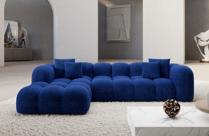 Design Stoff Ecksofa Formentera L Form kurz Samtstoff in Dunkelblau