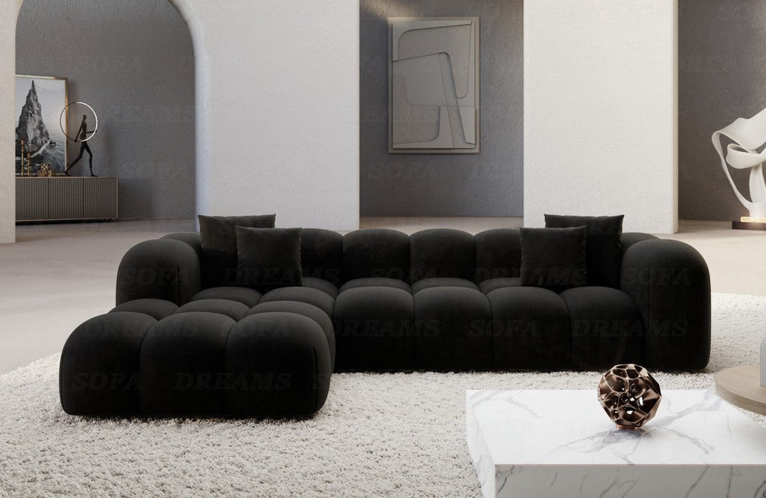 Design Stoff Ecksofa Formentera L Form kurz Samtstoff in Schwarz