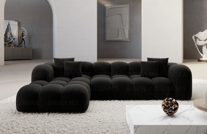 Design Stoff Ecksofa Formentera L Form kurz Samtstoff in Schwarz