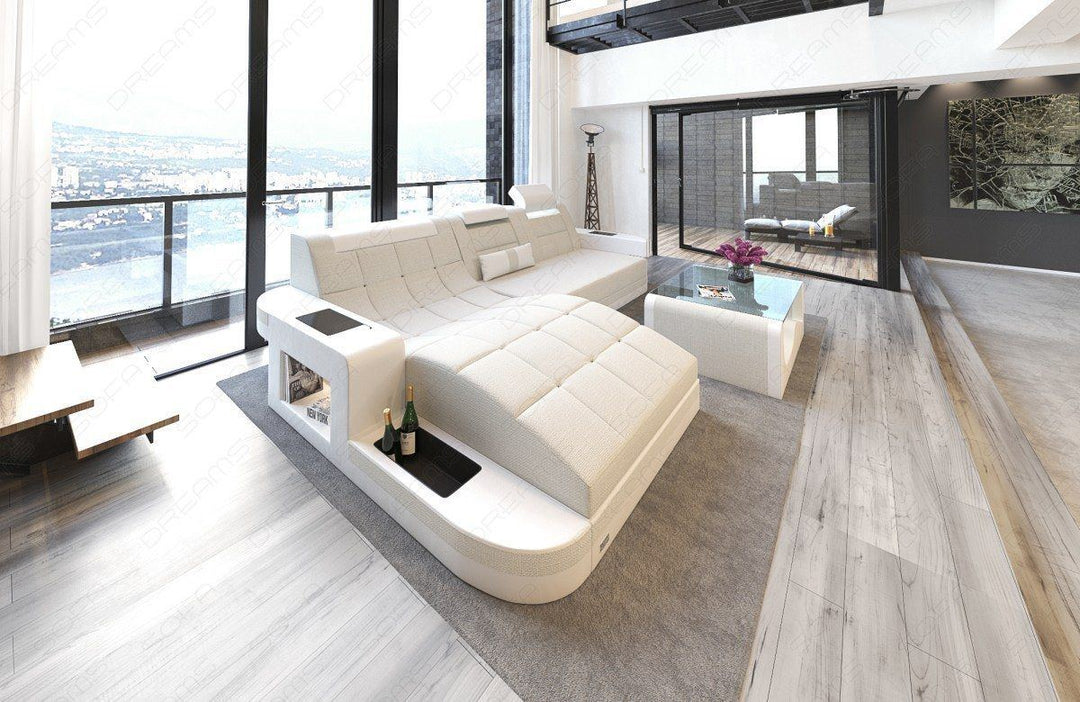 Polstersofa Wave L Form mit LED-Beleuchtung in elfenbein - Hugo1 Strukturstoff