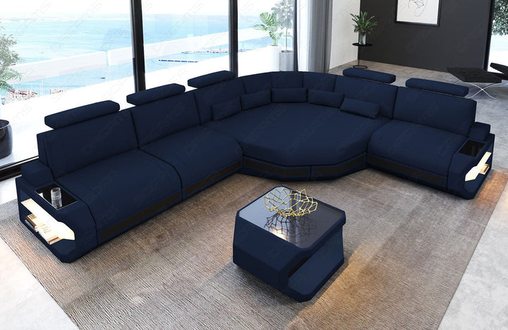 Mikrofaser Couch Asti L Form in dunkelblau - Mineva17 / optional sind Couchtisch und USB-AnschlÃ¼sse bestellbar