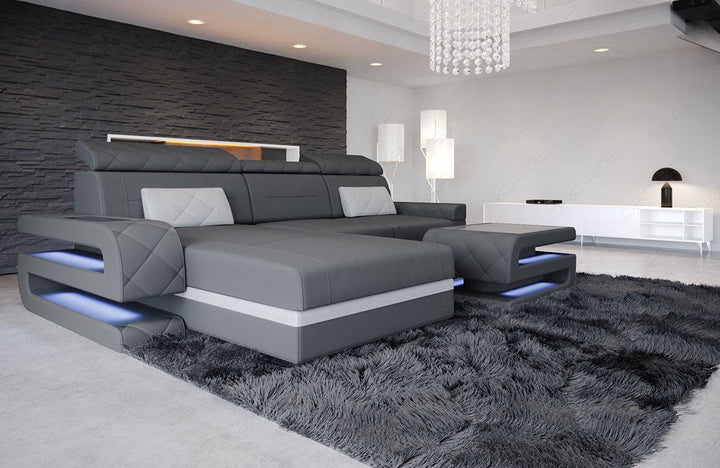 Stoffsofa Bologna Mini L Form mit LED und USB Anschluss in grau - Mineva15