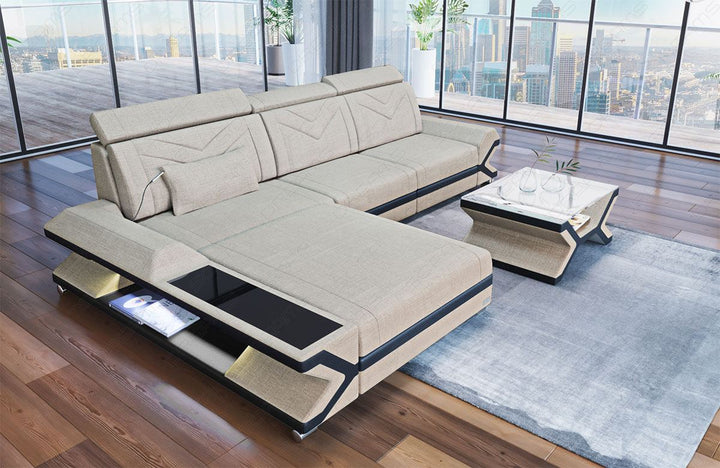 Stoffsofa Napoli - das Mini L Form Sofa mit LED und USB in elfenbein - Hugo1 Strukturstoff