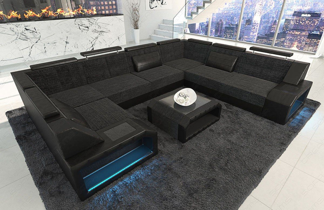 U Form Sofa Pesaro Mini mit LED, USB und Stoffbezug (Hugo 13)