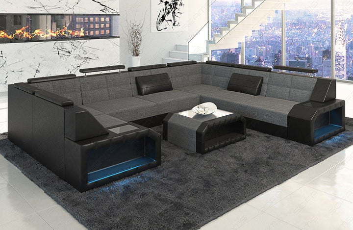 U Form Sofa Pesaro Mini mit LED, USB und Stoffbezug in grau - Hugo5