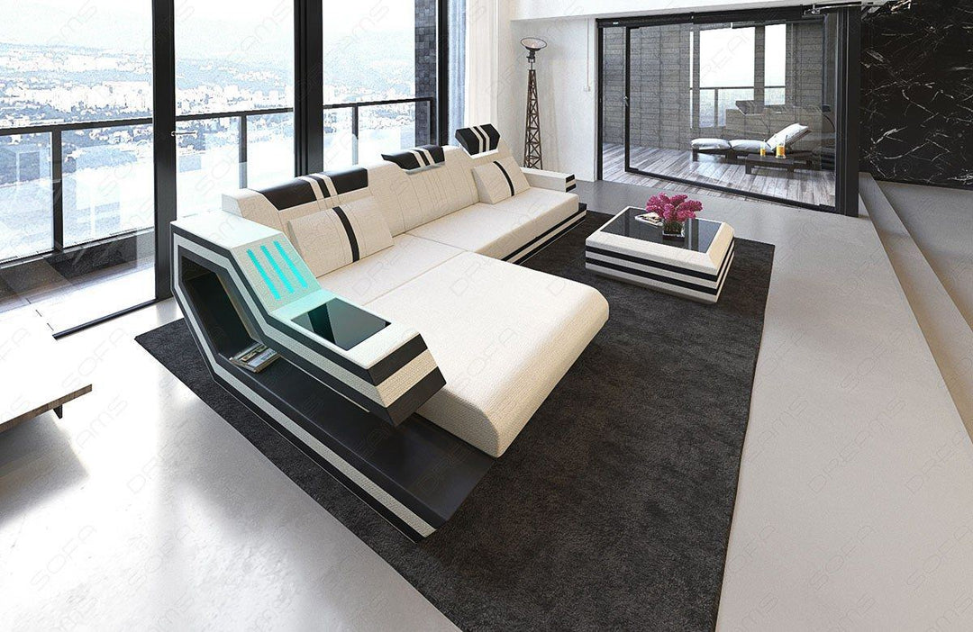 Polstersofa Ravenna L Form mit LED-Beleuchtung in elfenbein - Hugo1 Strukturstoff