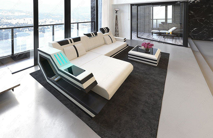 Polstersofa Ravenna L Form mit LED-Beleuchtung in elfenbein - Hugo1 Strukturstoff
