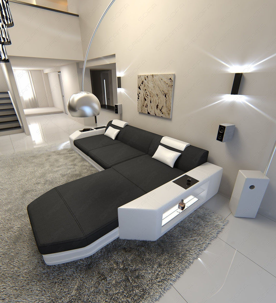 Mini Stoffsofa Prato als L Form Sofa mit Beleuchtung in dunkelgrau - Mineva8 Mikrofaser Stoff