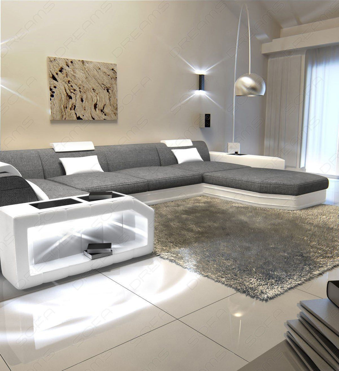 Moderne Stoffcouch Presto U Form mit LED-Beleuchtung in grau - Hugo5 Strukturstoff