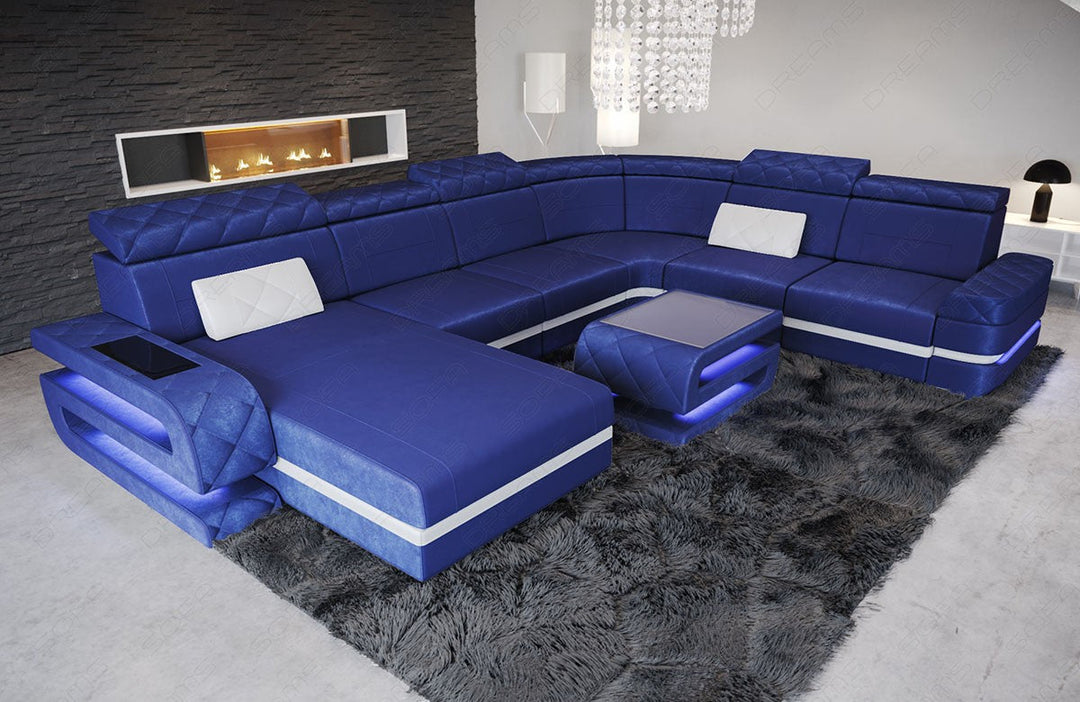 XXL Stoffsofa Bologna Mini U Form Sofa mit LED in blau - SunVelvet1027 Akzentfarbe weiÃŸ