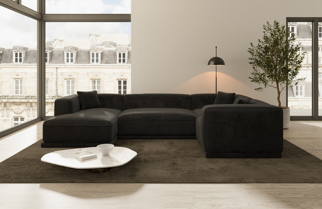 Design Stoff Wohnlandschaft Merida U Form mit Samtstoff Bezug - Schwarz