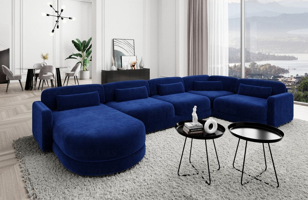 Designer Stoff Wohnlandschaft Valencia U Form mit Samtstoffbezug - Dunkelblau