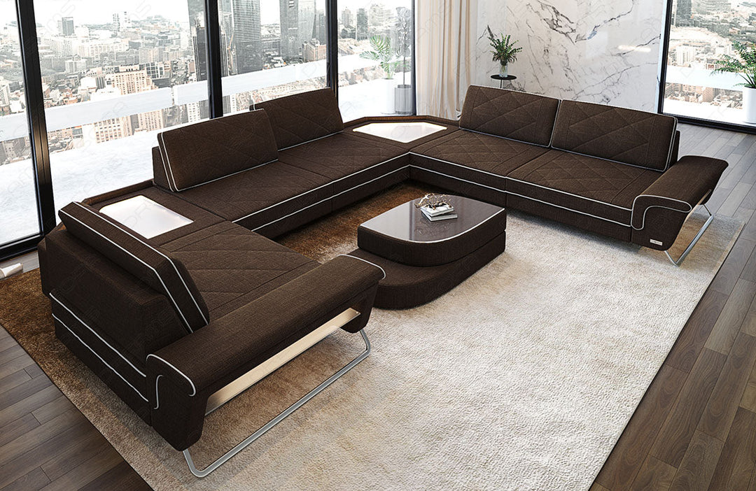 Design Wohnlandschaft Sepino U Form in braun - Hugo8 Strukturstoff