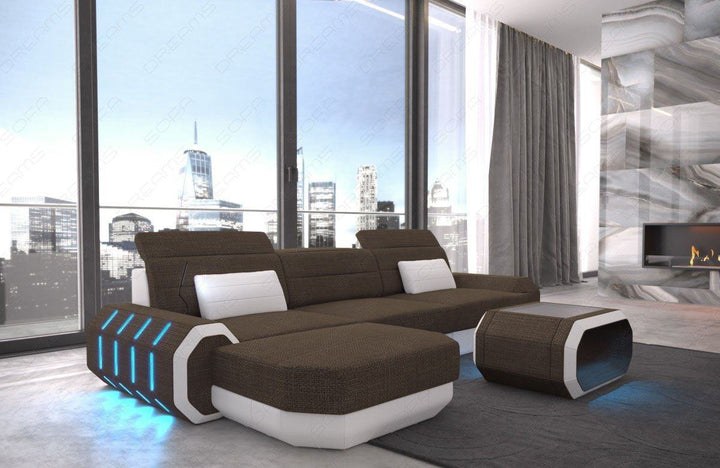 Stoffsofa Roma Mini L Form Sofa mit LED und USB Anschluss in braun - Hugo8 Strukturstoff