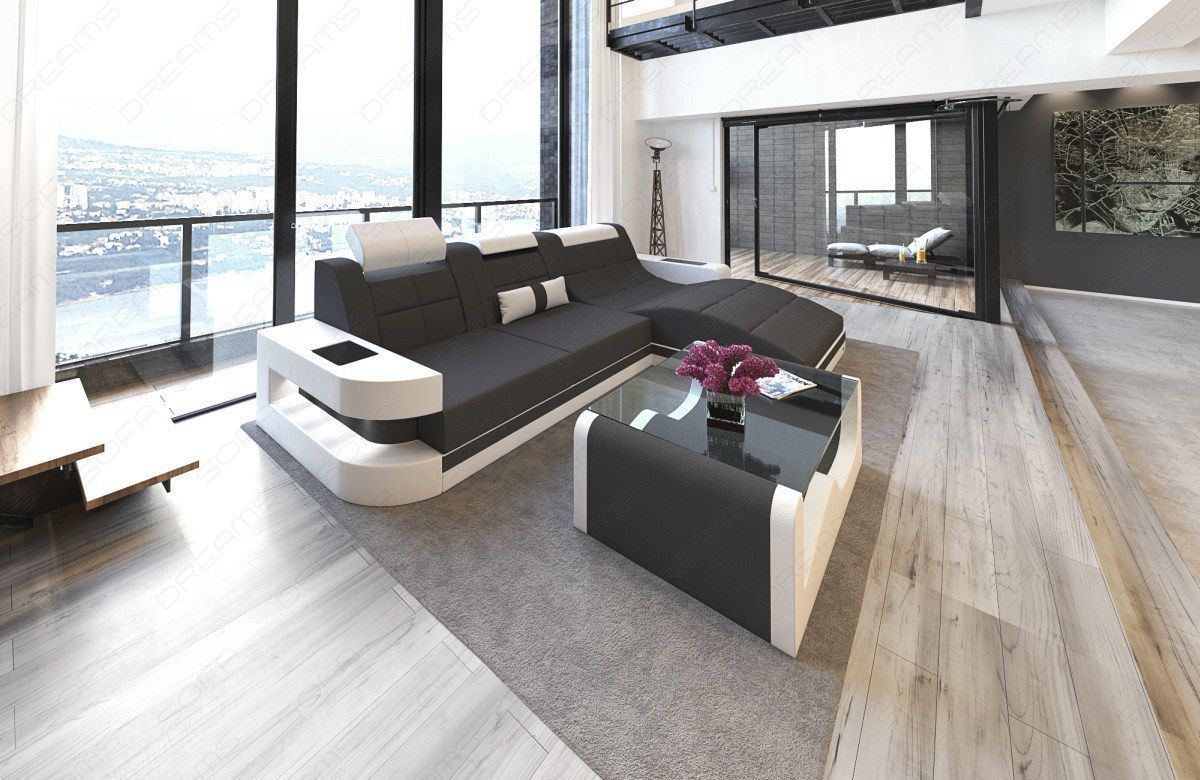 Fabric Sofa Konstantin L Shape Mini Corner Sofa With Ottoman And Led