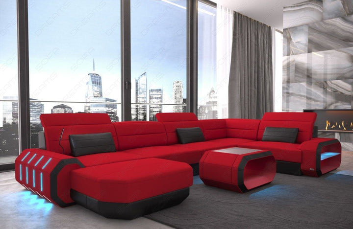 XXL U Form Stoffsofa Roma Mini mit LED in rot - Mineva20