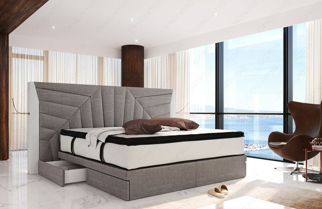 Polster Boxspringbett Monaco mit LED Beleuchtung und Schubladen in hellgrau - Hugo3 - Nebenfarbe weiÃŸ