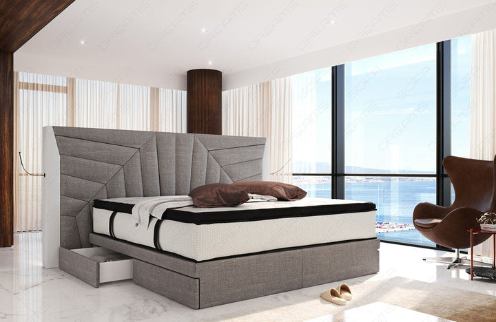 Polster Boxspringbett Monaco mit LED Beleuchtung und Schubladen in hellgrau - Hugo3 - Nebenfarbe weiÃŸ