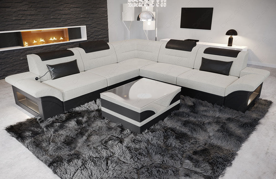 Strukturstoff Sofa Brianza L Form in elfenbein - Hugo1