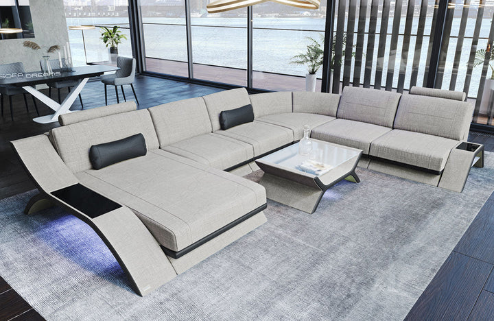 Design Stoff Wohnlandschaft Calabria XXL in elfenbein - Hugo1 Strukturstoff
