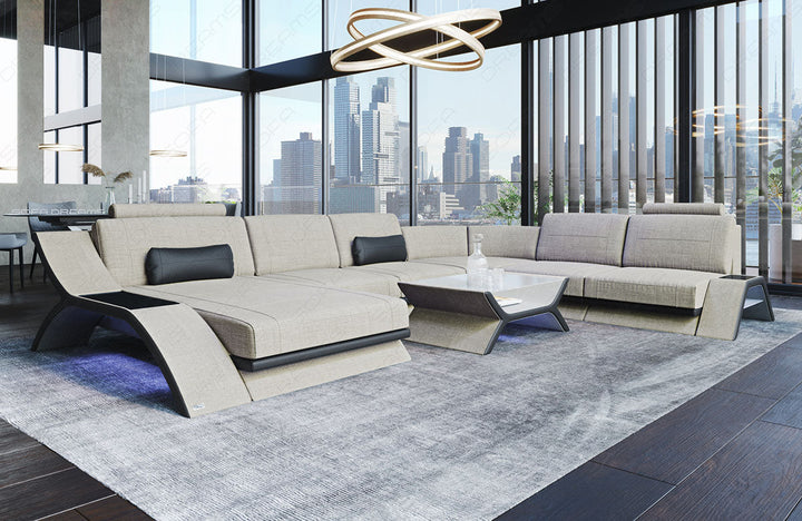 Design Stoff Wohnlandschaft Calabria XXL in elfenbein - Hugo1 Strukturstoff