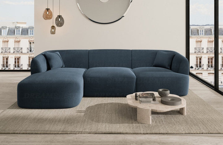 Luxus Stoff Ecksofa Tabarca L Form kurz mit Strukturstoff Bezug in Blau