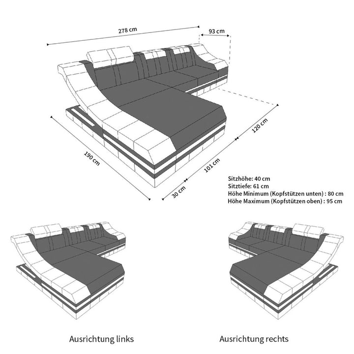 MaÃŸe des Mini Ledersofa Turino L Form
