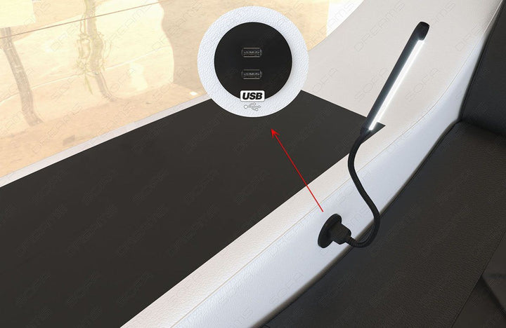 USB Anschluss inkl. Leselampe beim U Form Mini Ledersofa Genua mit USB und auch LED